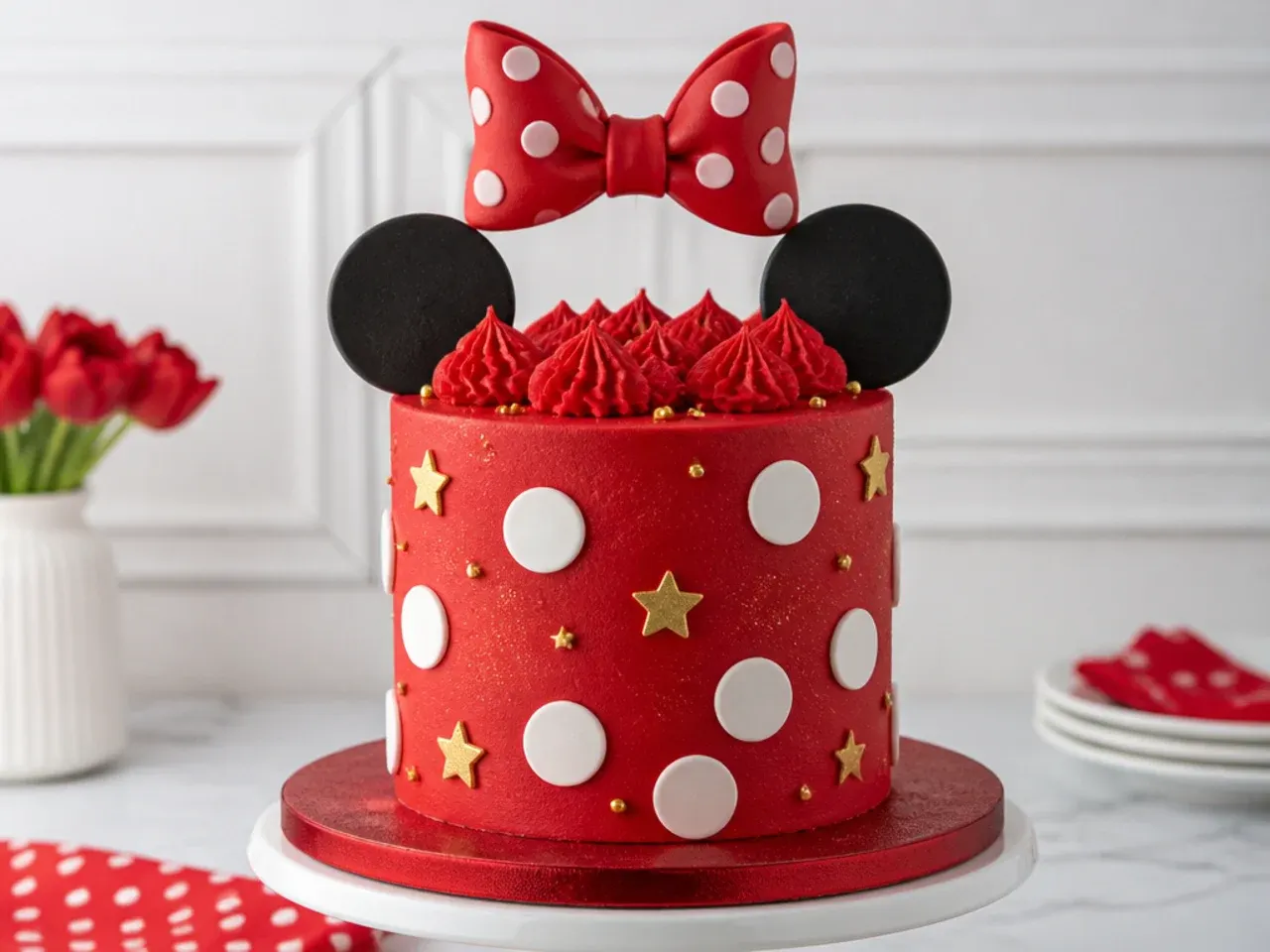 Whimsical red Minnie Mouse cake with a bow appearing to float above the top