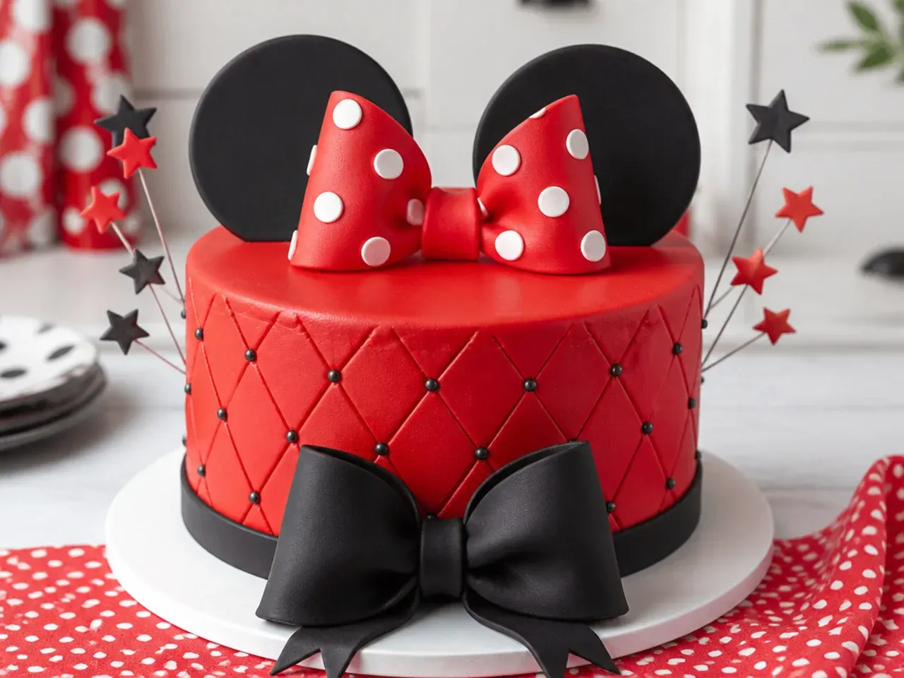 Bold all-red Minnie Mouse statement cake with a black ribbon and large ears