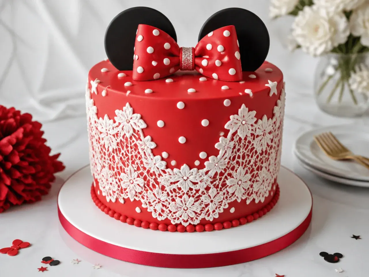 Delicate red Minnie Mouse cake with white edible lace and fine pin dots