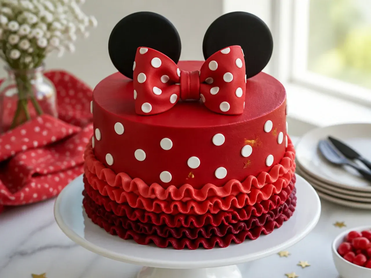 Vintage cherry red Minnie Mouse ruffle cake with a dotted bow on top