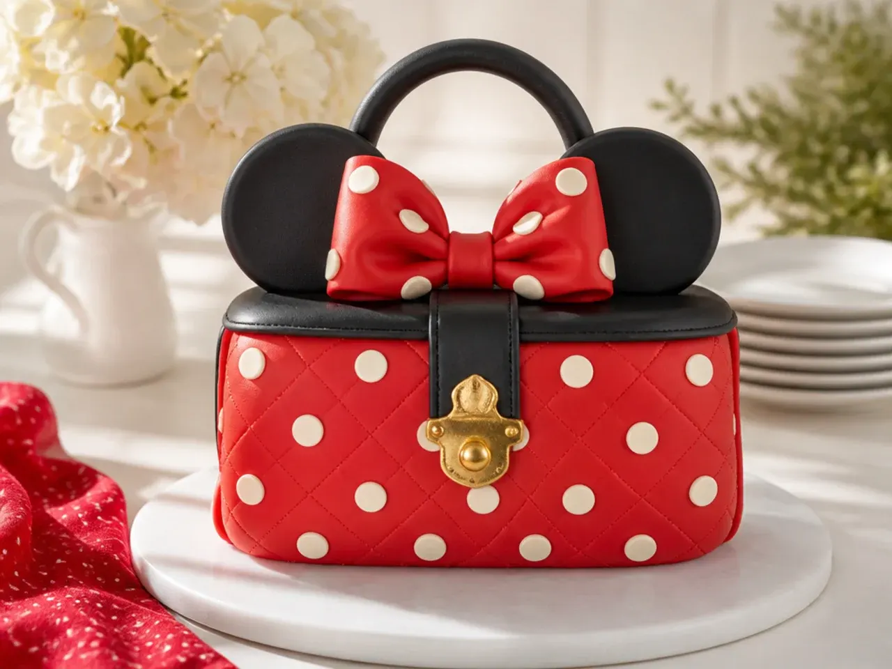 Creative red Minnie Mouse handbag-shaped cake with a fondant clasp and bow