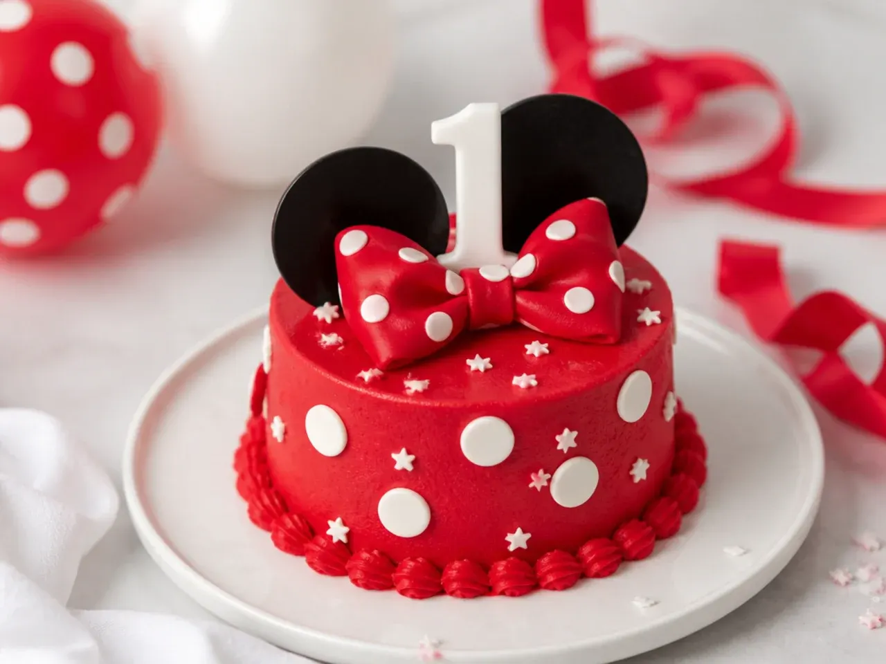 Charming red Minnie Mouse mini smash cake sized for a first birthday