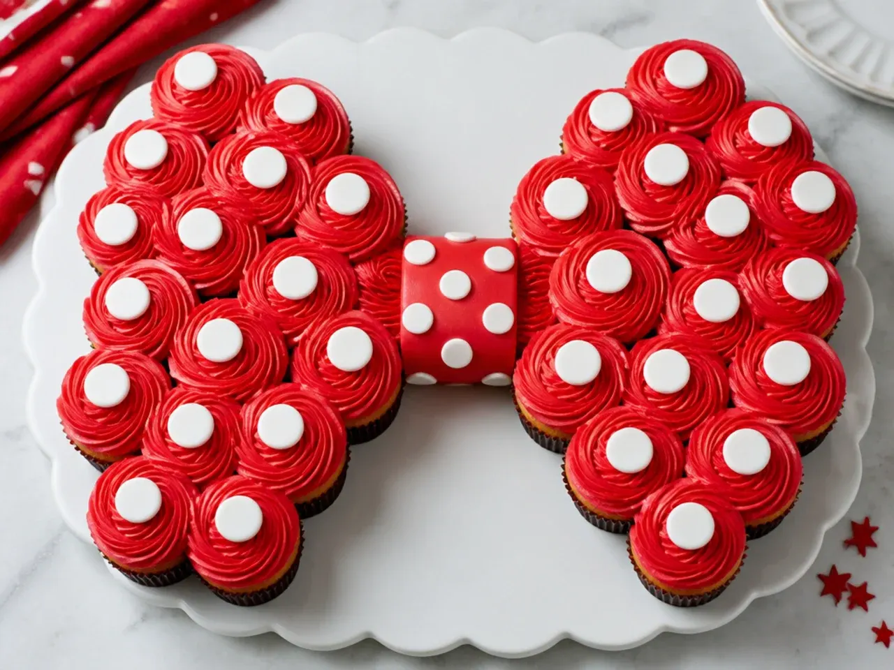 Red Minnie Mouse polka-dot cupcake pull-apart cake arranged as a bow shape