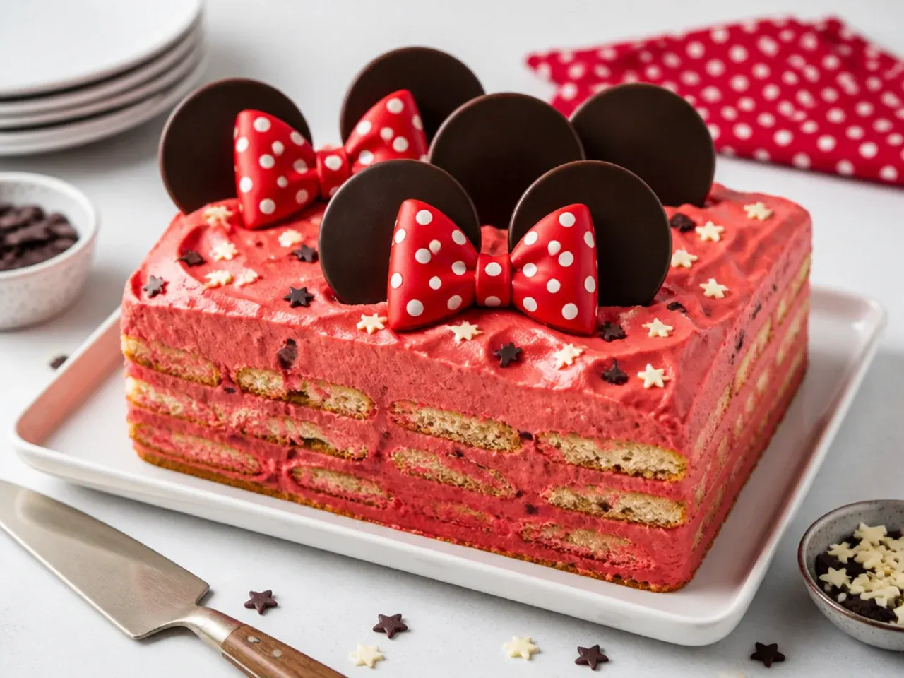 Easy no-bake red Minnie Mouse icebox cake with red whipped cream layers