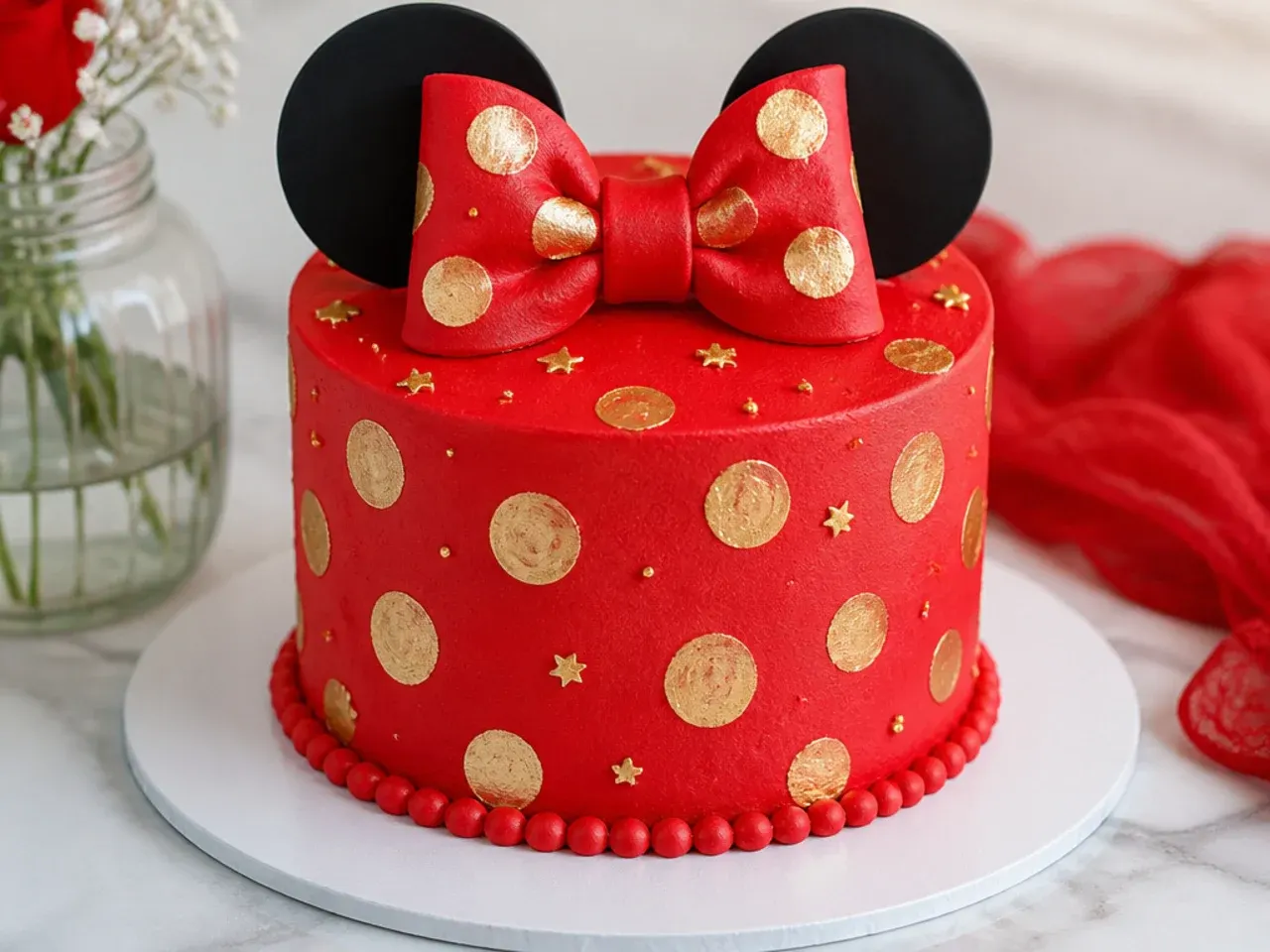 Elegant red and gold Minnie Mouse cake with hand-painted metallic dots