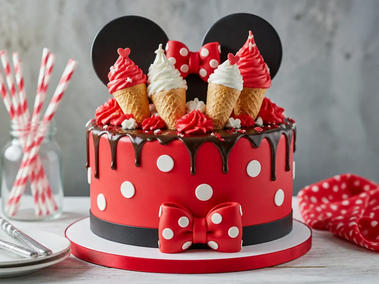 Playful red Minnie Mouse cake topped with mini ice cream cones and candy ears