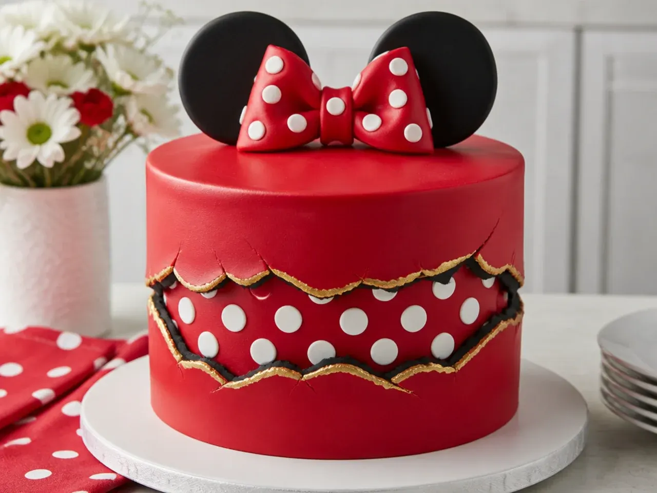 Modern red Minnie Mouse fault-line cake revealing a band of white dots
