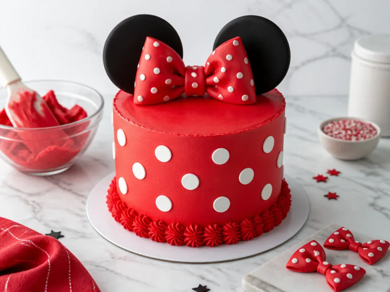 Tips for making red Minnie Mouse cakes easier with chilled buttercream and prepped bows
