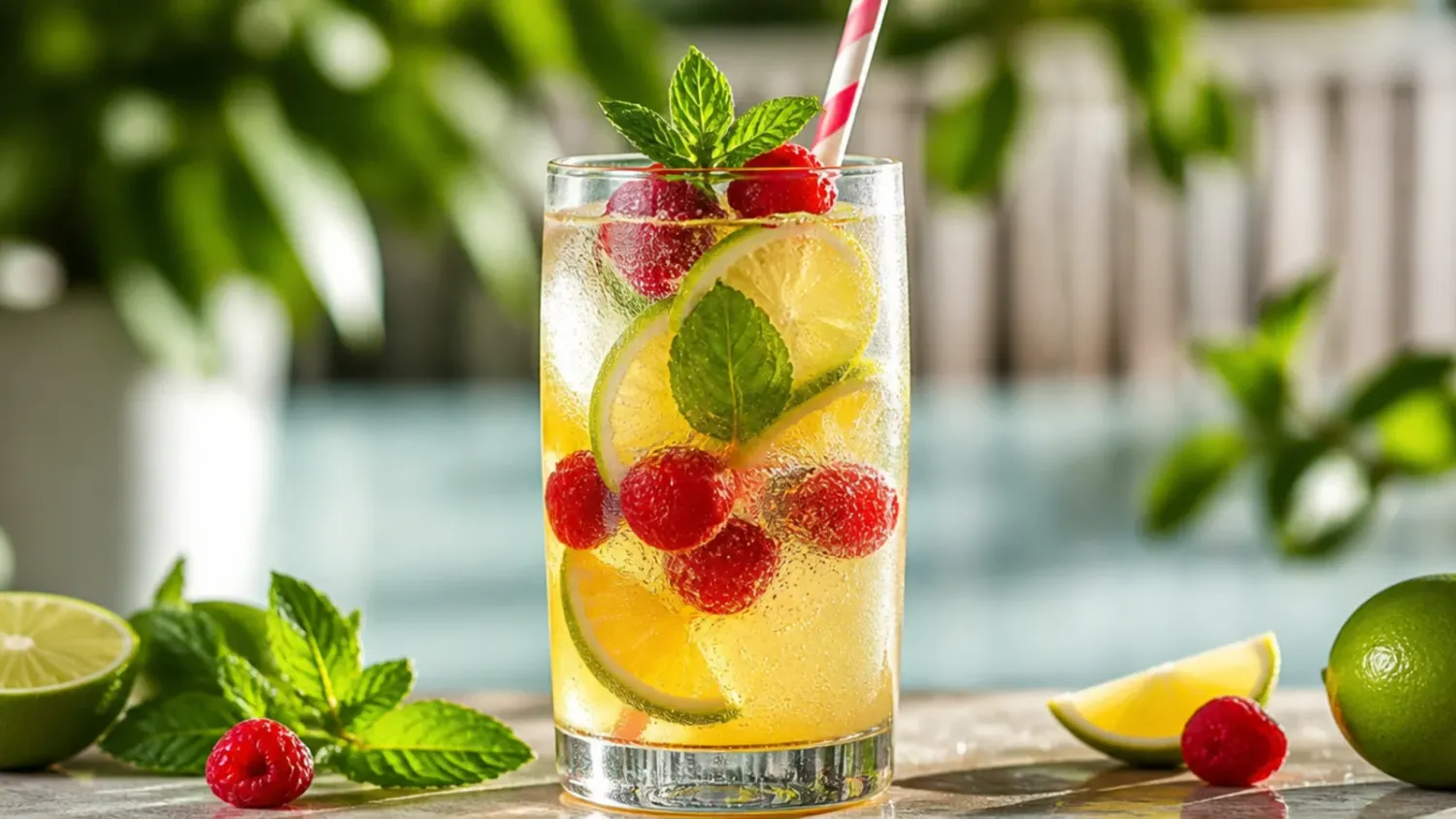 A wooden tray of colourful refreshing non alcoholic drinks in tall glasses with ice, citrus wheels, and mint garnish