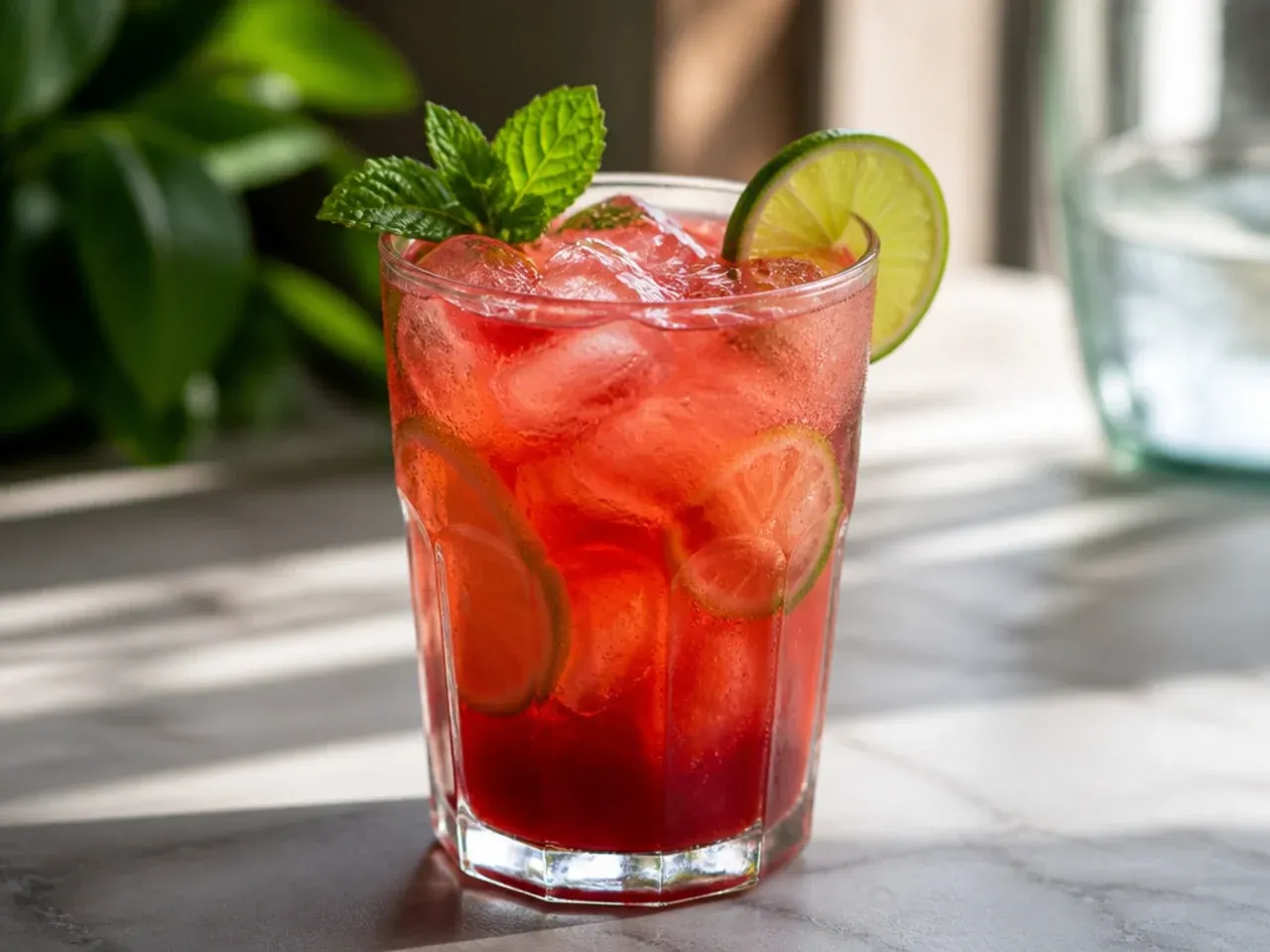 A colourful spread of refreshing non alcoholic drinks in glasses on a wooden table