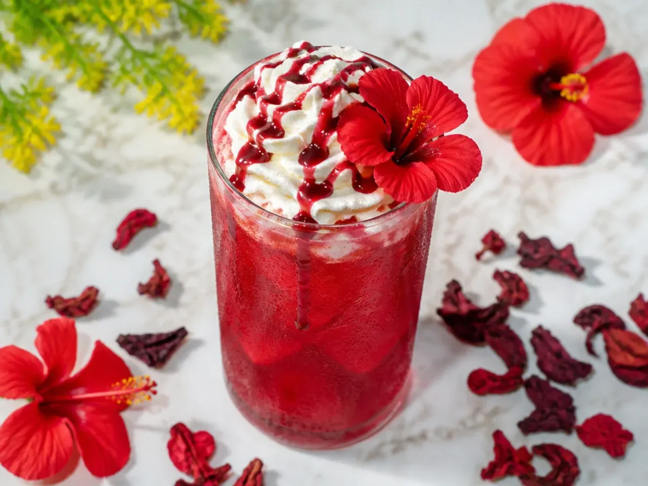A tall glass of ruby-red iced hibiscus cooler with lime and mint garnish