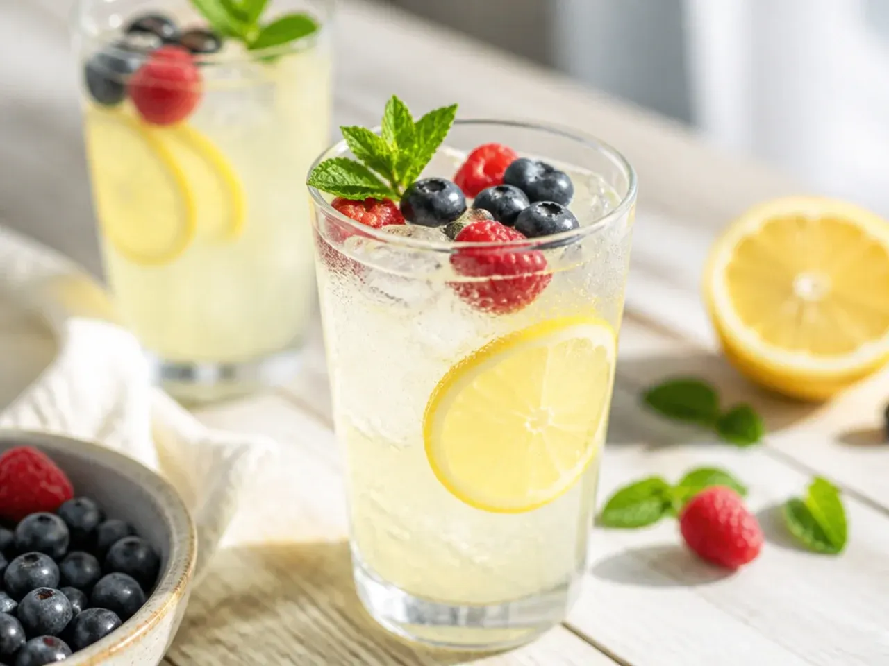 A glass pitcher of classic lemonade with lemon slices and ice