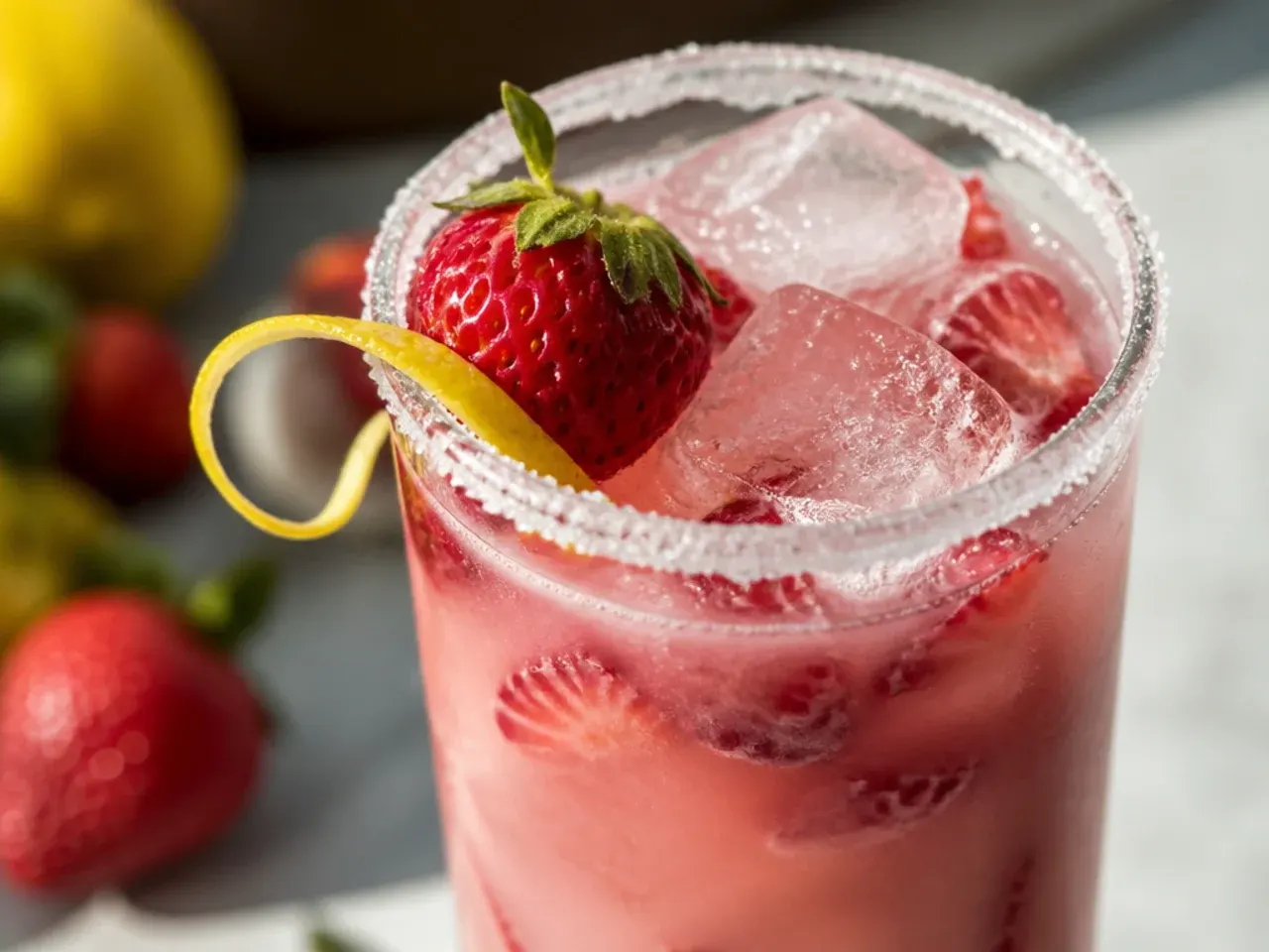 A pink layered mocktail with coconut milk swirl and strawberries in a clear cup