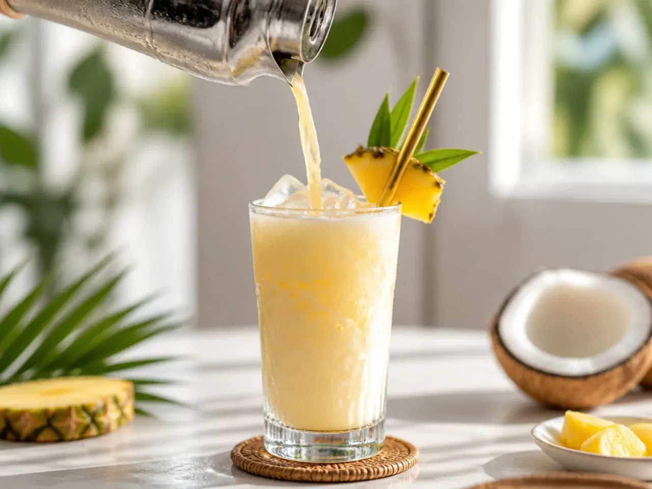 A creamy pineapple coconut refresher in a hurricane glass with a pineapple wedge garnish