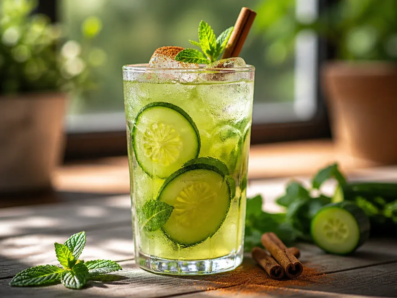 A tall glass of sparkling cucumber mint cooler with cucumber ribbons