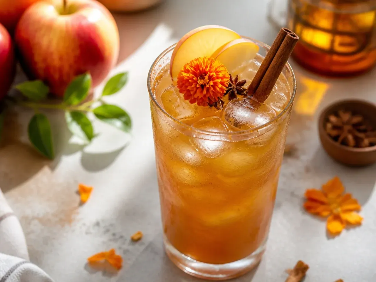 A mug of warm spiced apple cider with a cinnamon stick and orange slice
