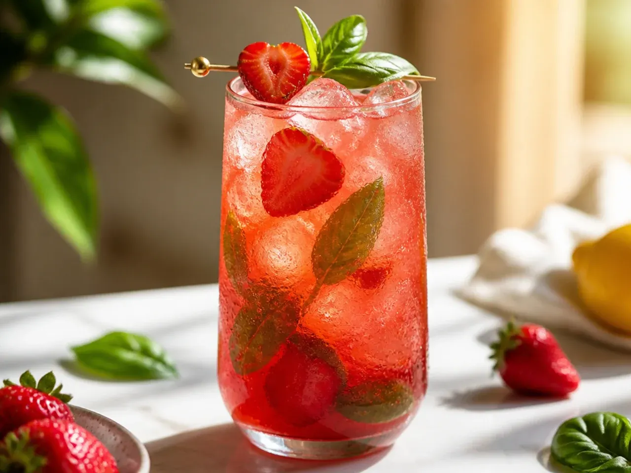 A pink strawberry basil lemonade in a mason jar with basil leaves floating on top