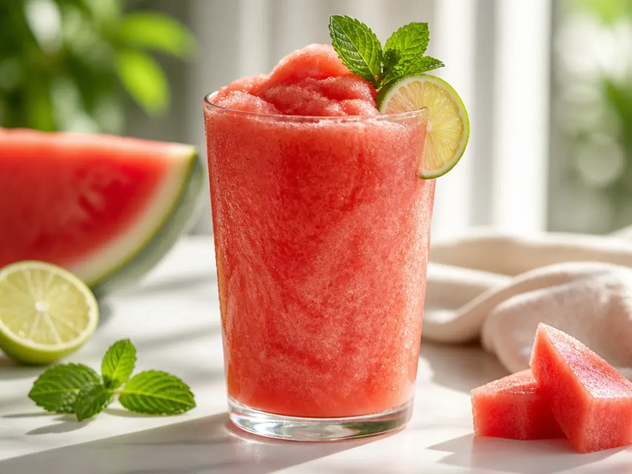 A bright pink watermelon slushie in a glass with a chilli-salt rim