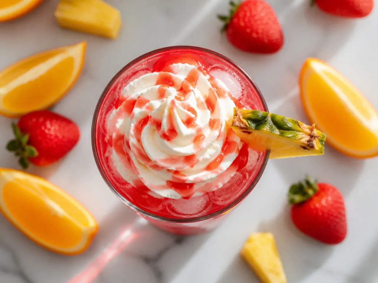 A large punch bowl of orange-red fruit punch with floating orange slices and berries