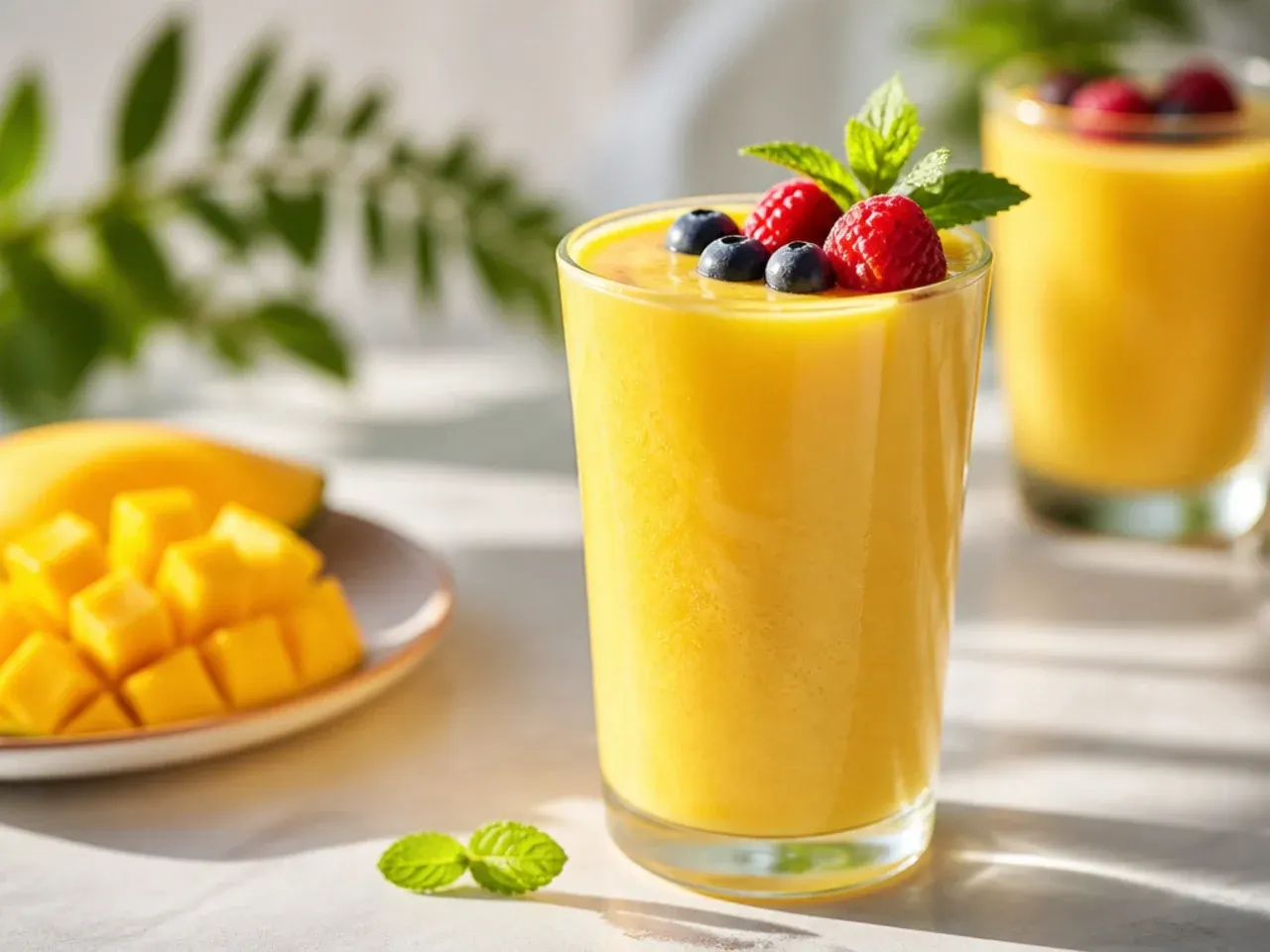 A creamy orange mango lassi in a glass with a cardamom garnish