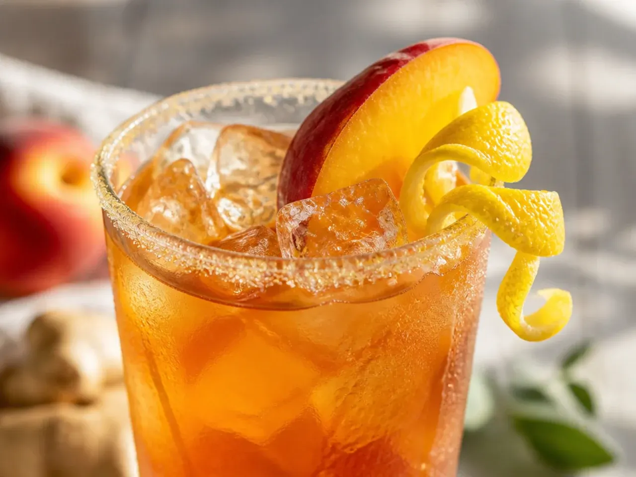 A pitcher of amber spiced peach iced tea with peach slices and ginger