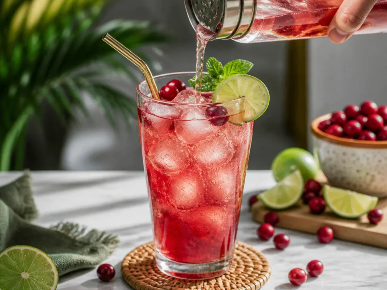 A festive cranberry spritzer in a glass pitcher with rosemary and frozen cranberries