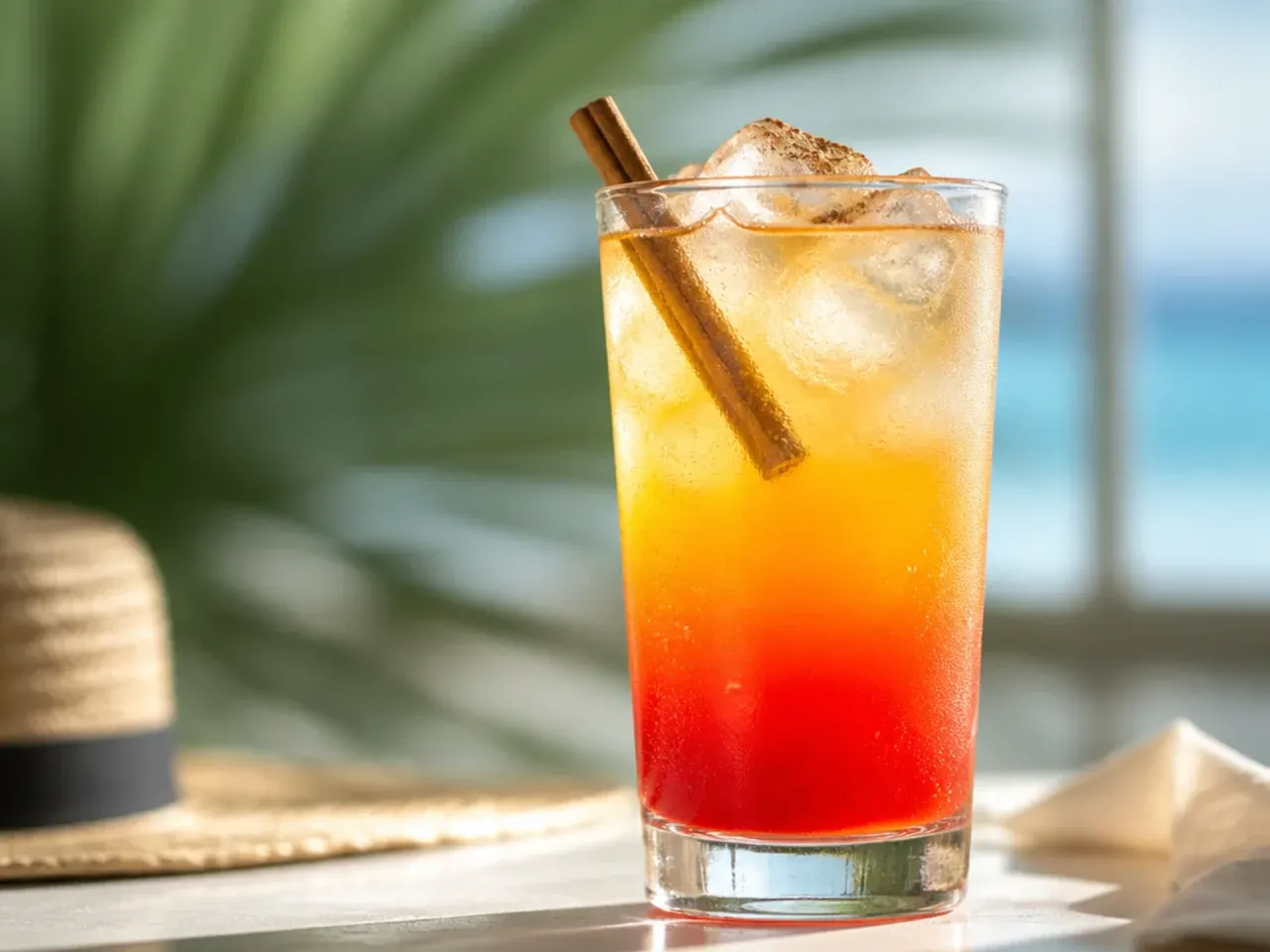 A layered orange and red sunset mocktail in a glass with a straw