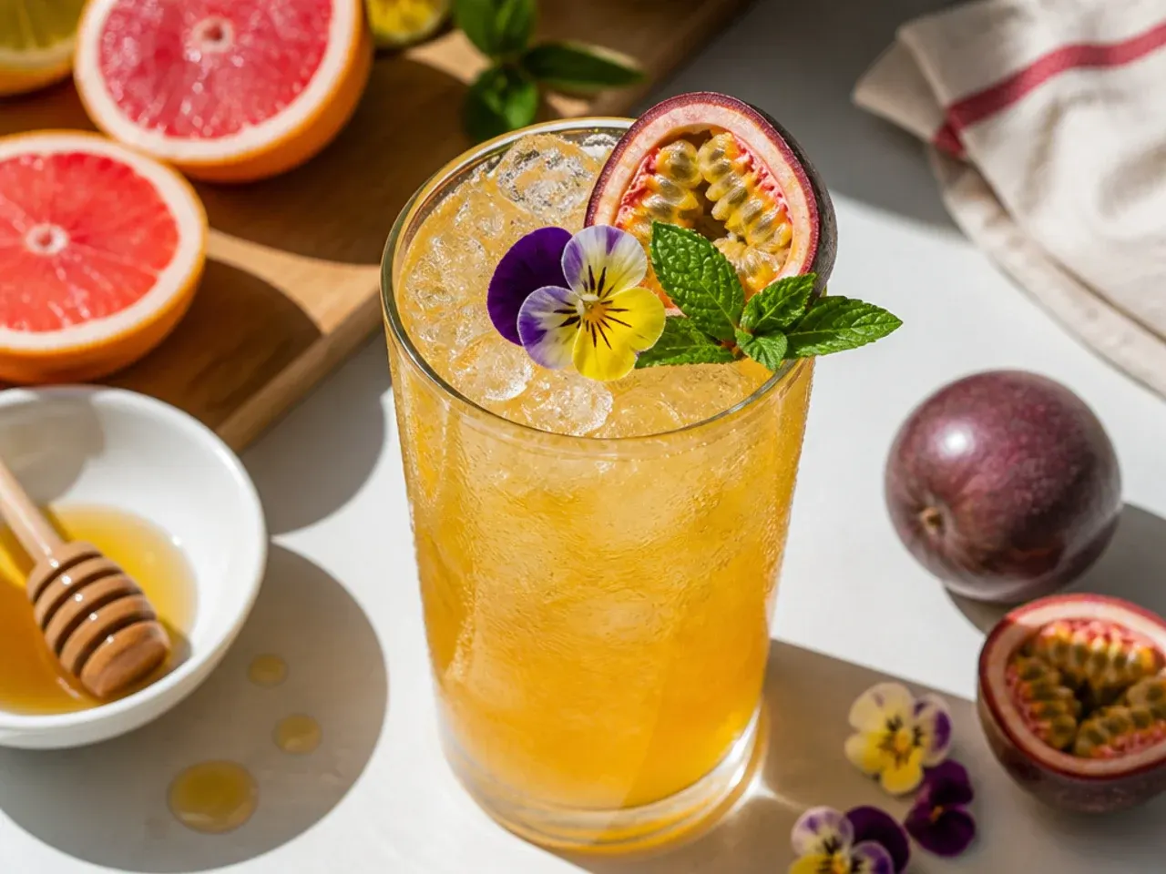 A glass of golden passionfruit citrus refresher with visible seeds and sparkling bubbles