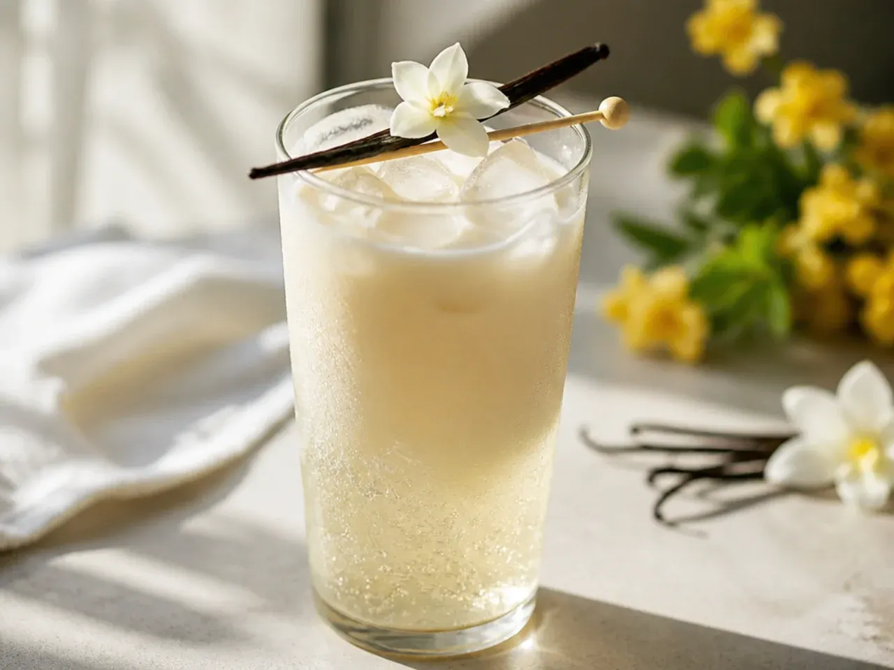 A fizzy vanilla cream soda float in a tall glass with a scoop of ice cream on top