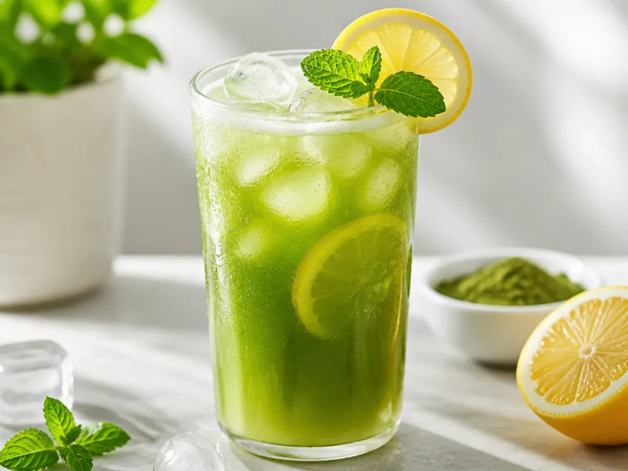 A glass of layered green matcha lemonade with a gradient effect over ice