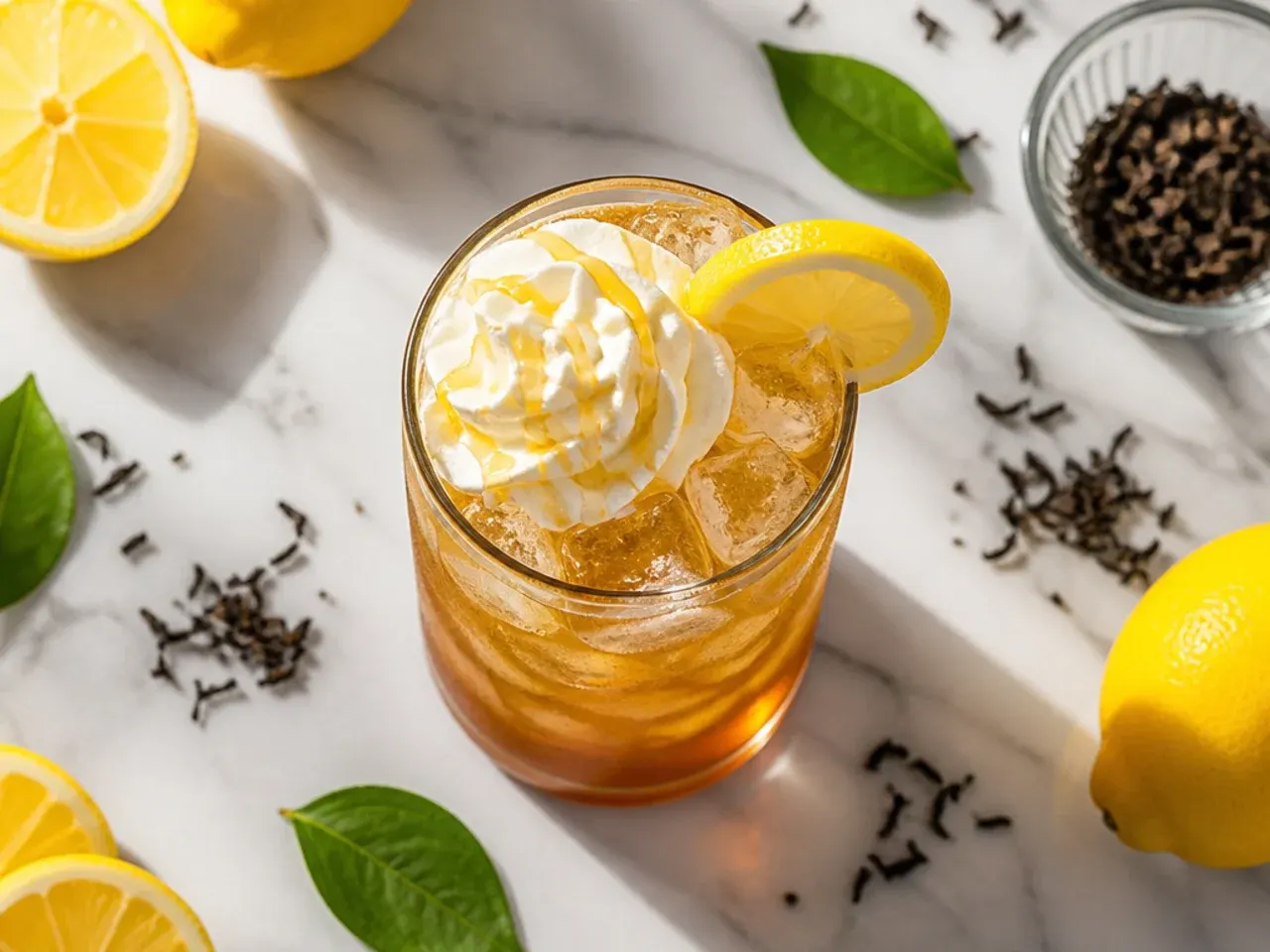 A tall glass of Arnold Palmer iced tea lemonade with a lemon wheel garnish