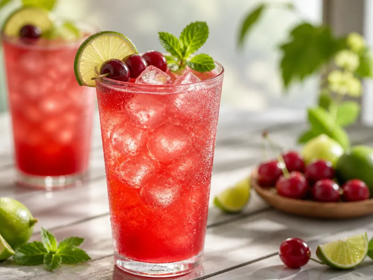 A red cherry limeade in a plastic cup with cherries and a straw