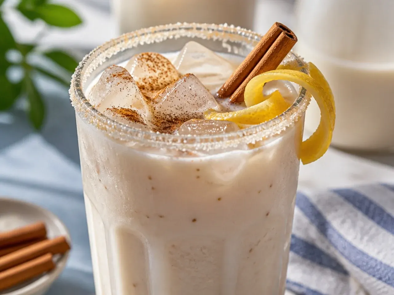 A glass of creamy white horchata over ice with a cinnamon dusting
