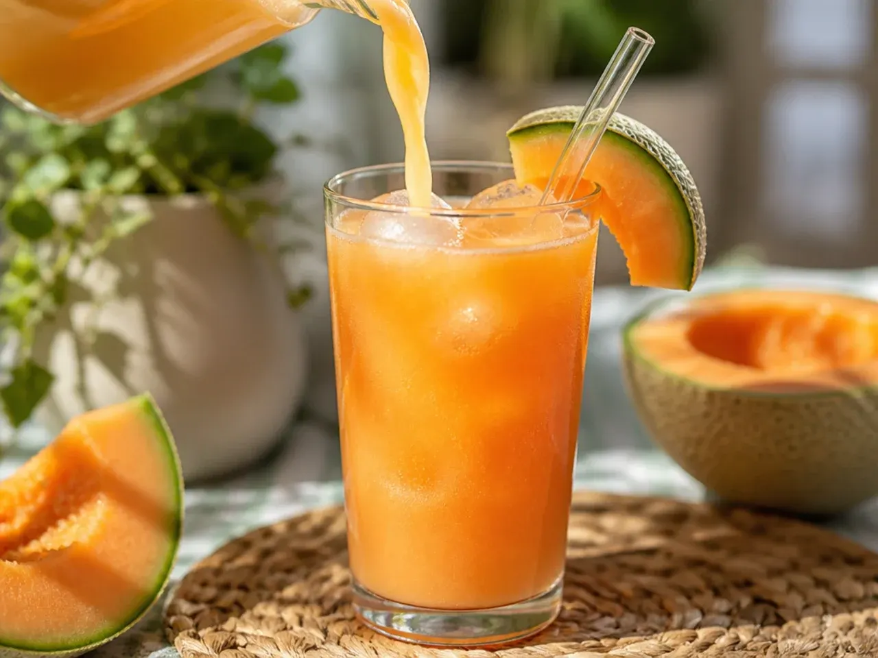 A pitcher of pale orange cantaloupe agua fresca with melon slices
