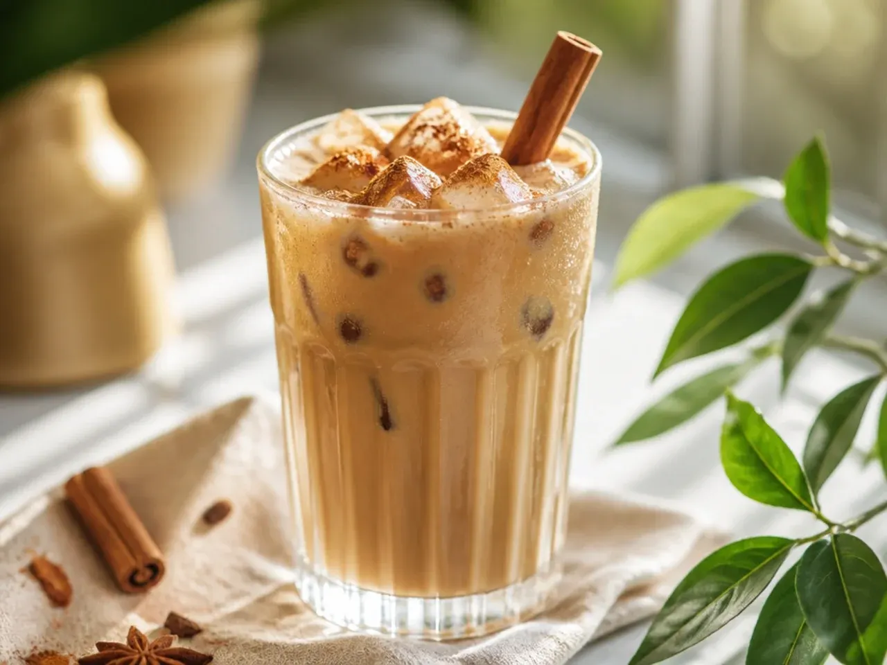 An iced chai latte in a glass with visible spice flecks and a milk swirl