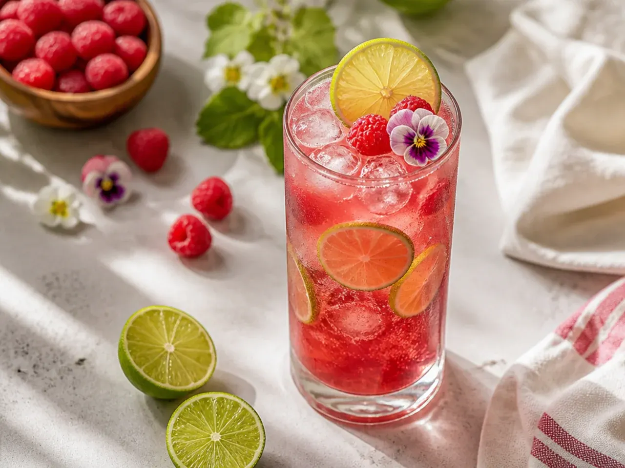 A fizzy pink raspberry lime rickey in a glass with fresh raspberries
