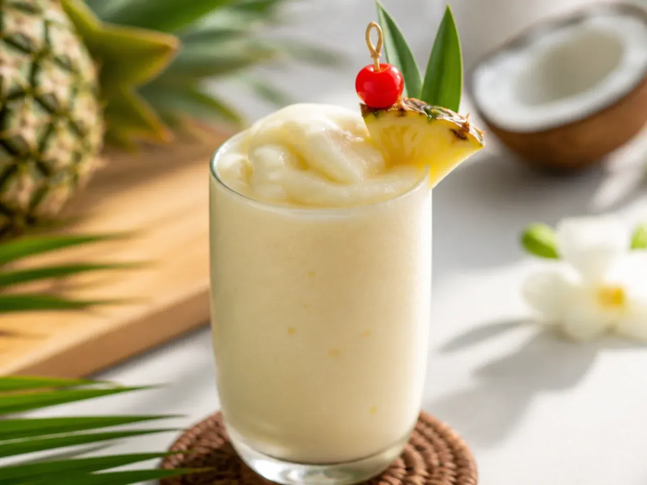 A frozen pina colada mocktail in a hurricane glass with pineapple and cherry garnish