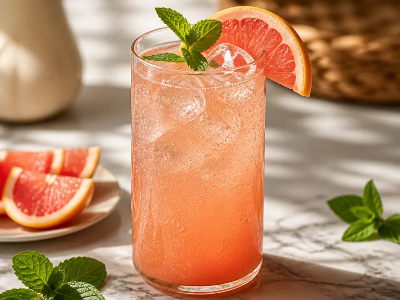 A sparkling pink grapefruit cooler in a wine glass with a grapefruit wheel