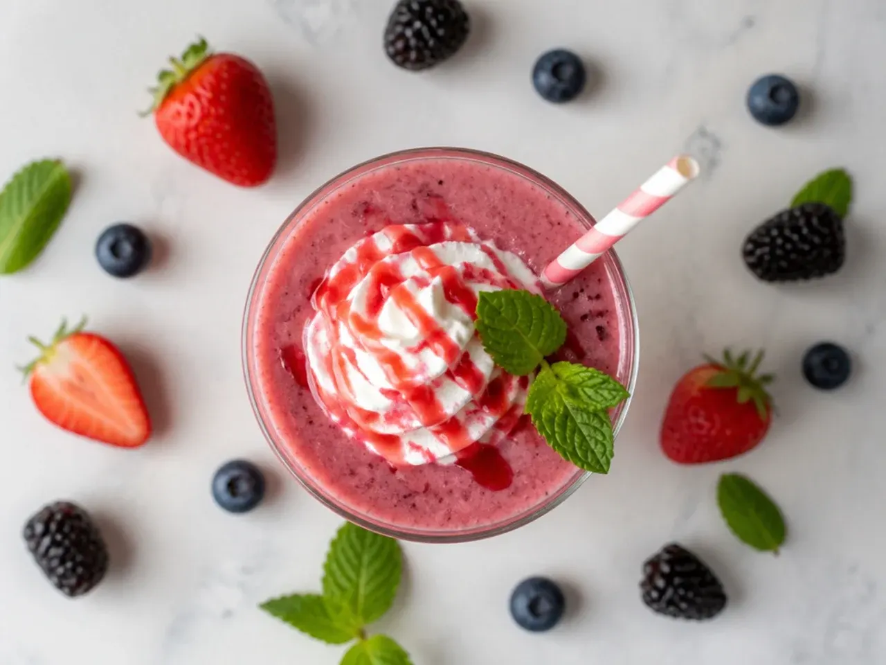 A purple berry smoothie cooler in a glass topped with fresh mixed berries