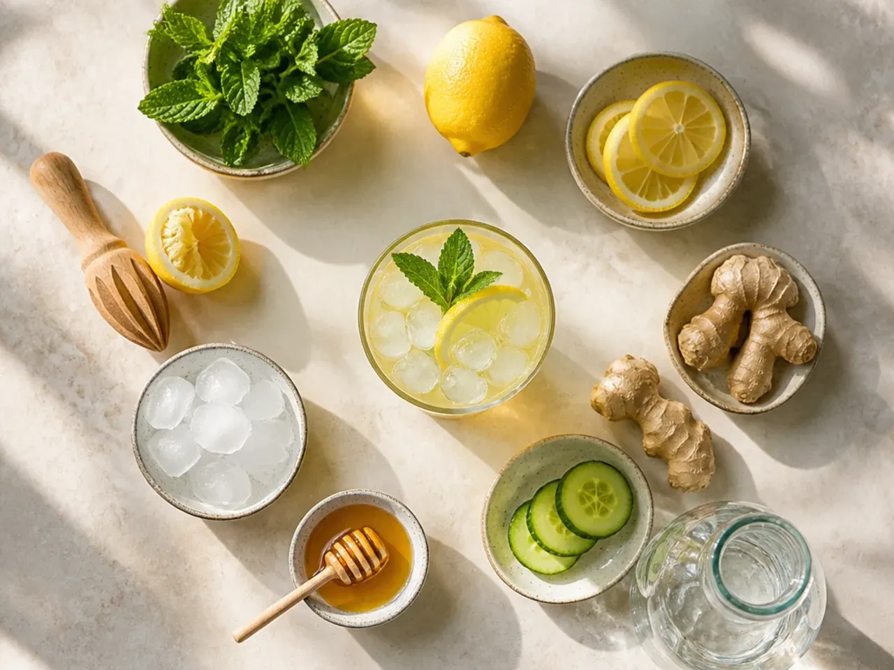 A close-up of hands squeezing fresh lemons into a jug for a refreshing drink