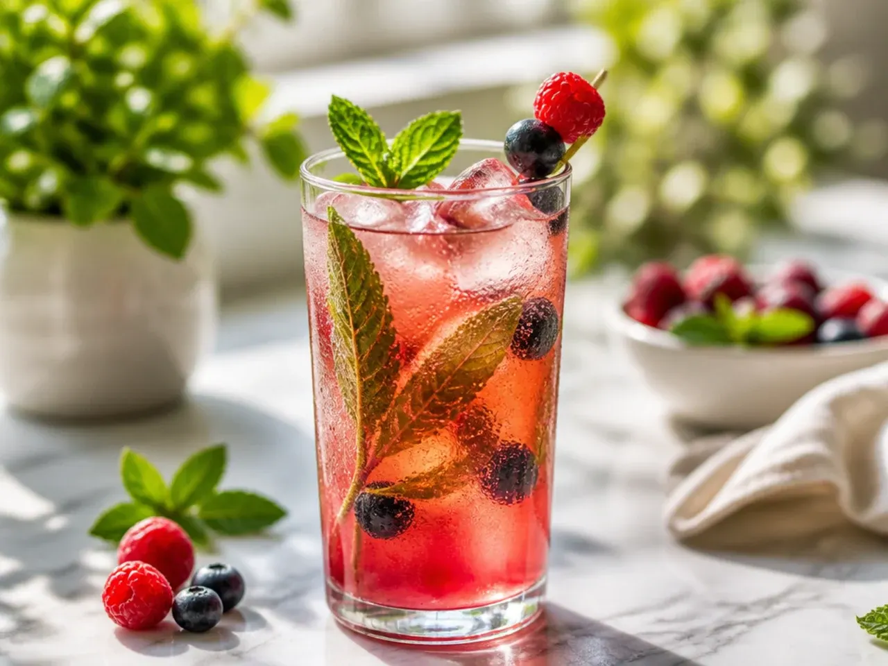 A garnish station with sliced citrus, mint sprigs, and berries beside a row of drinks