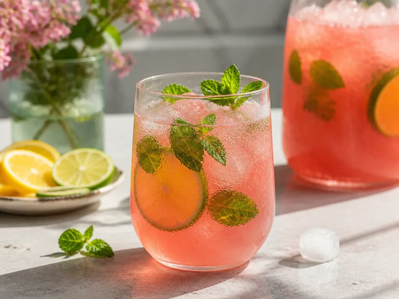 Glass jugs of pre-batched drink bases lined up in a fridge ready for a party
