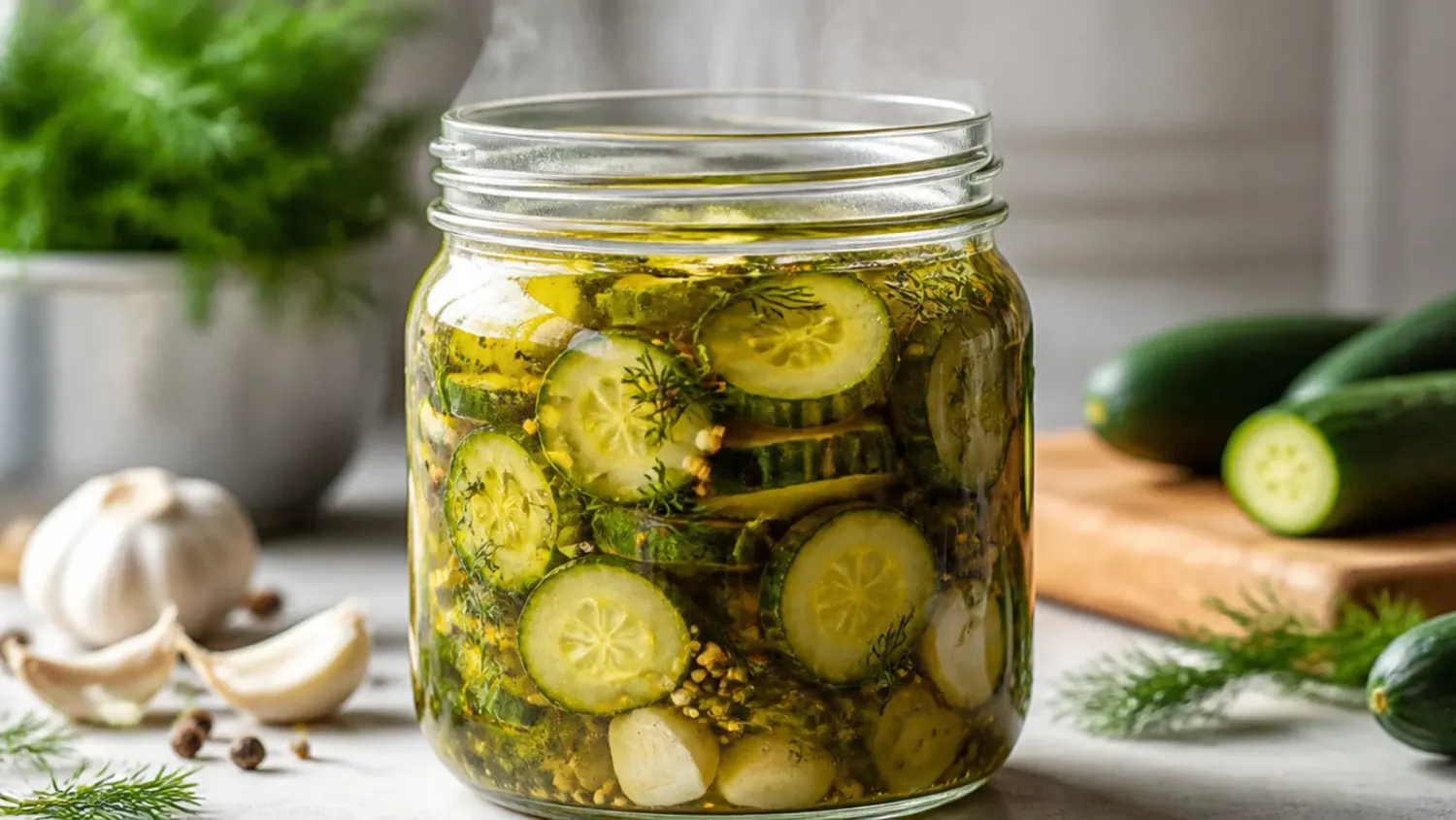 A glass jar of golden refrigerator bread and butter pickles with onion slices, mustard seeds and turmeric-tinted brine, next to fresh cucumbers on a wooden board