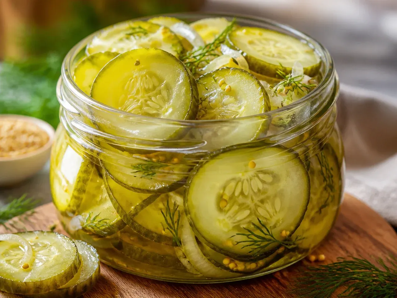 Overhead shot of sliced cucumbers, onion and a bowl of turmeric brine ingredients laid out for refrigerator pickles