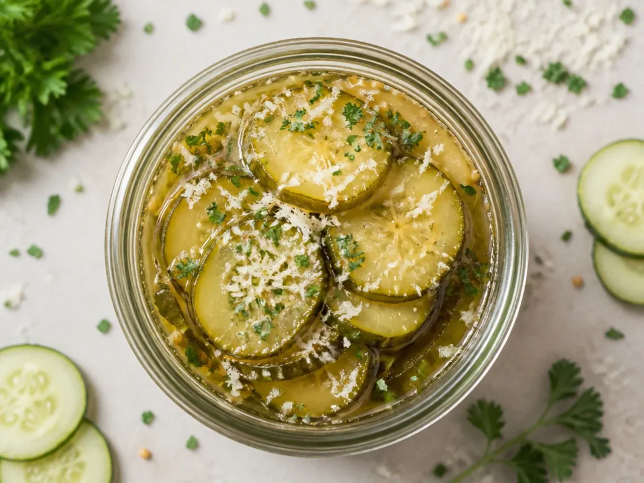 Jar of classic golden bread and butter pickles with visible mustard seeds