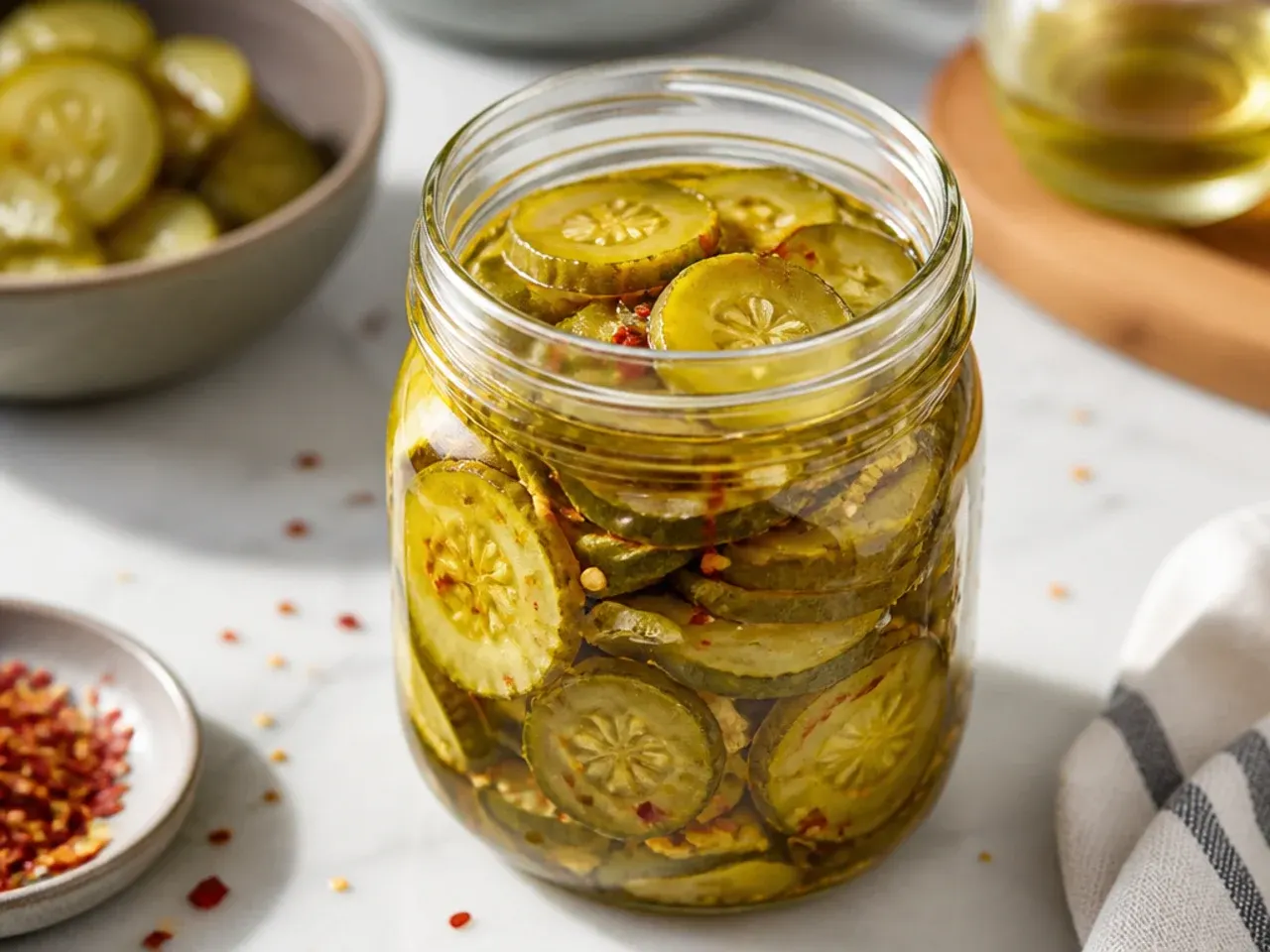 Hands pouring warm vinegar brine over cucumber slices in a mason jar