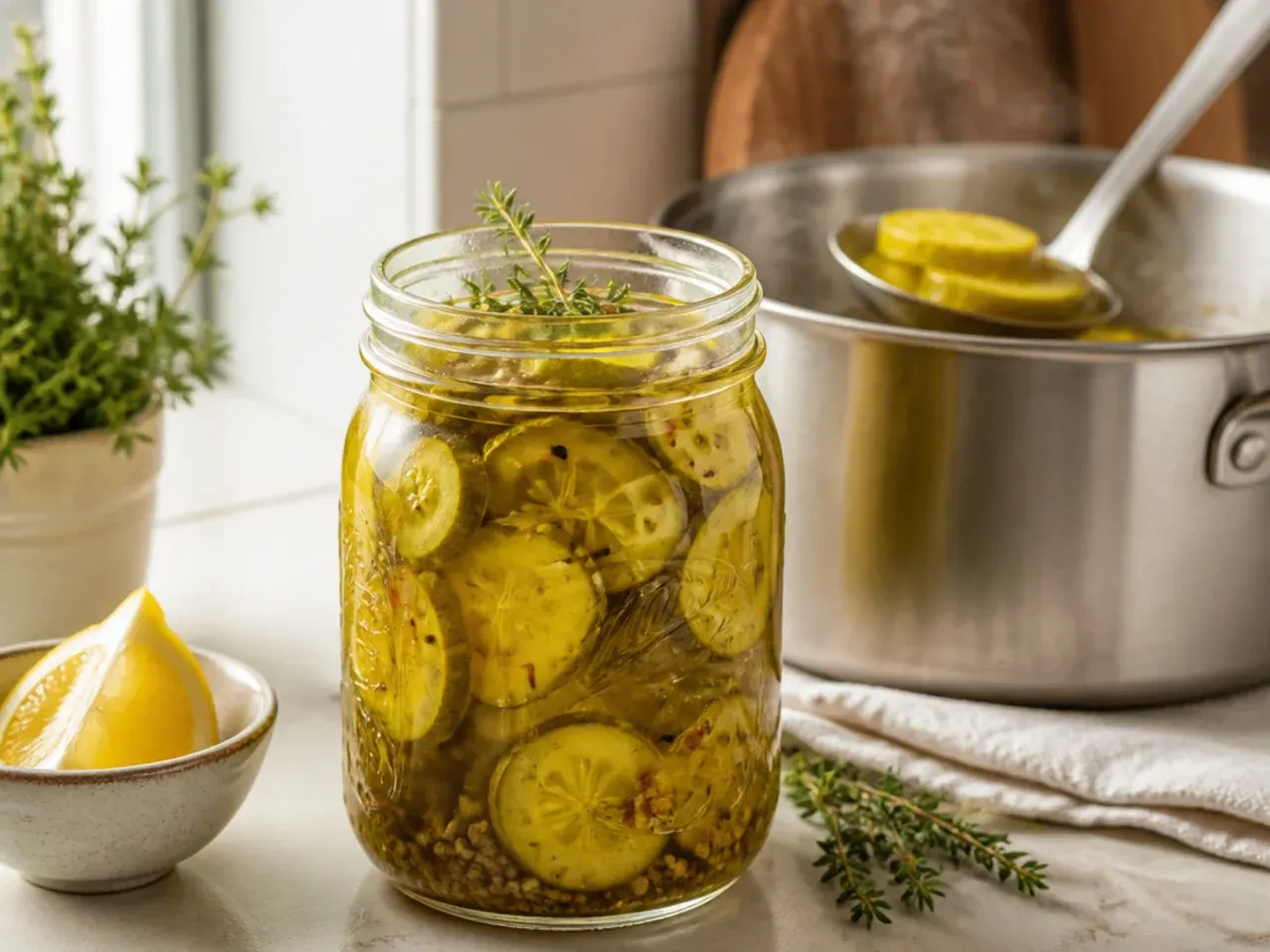 Jar of amber-toned spiced pickles with a cinnamon stick and cloves visible on a autumn-themed table