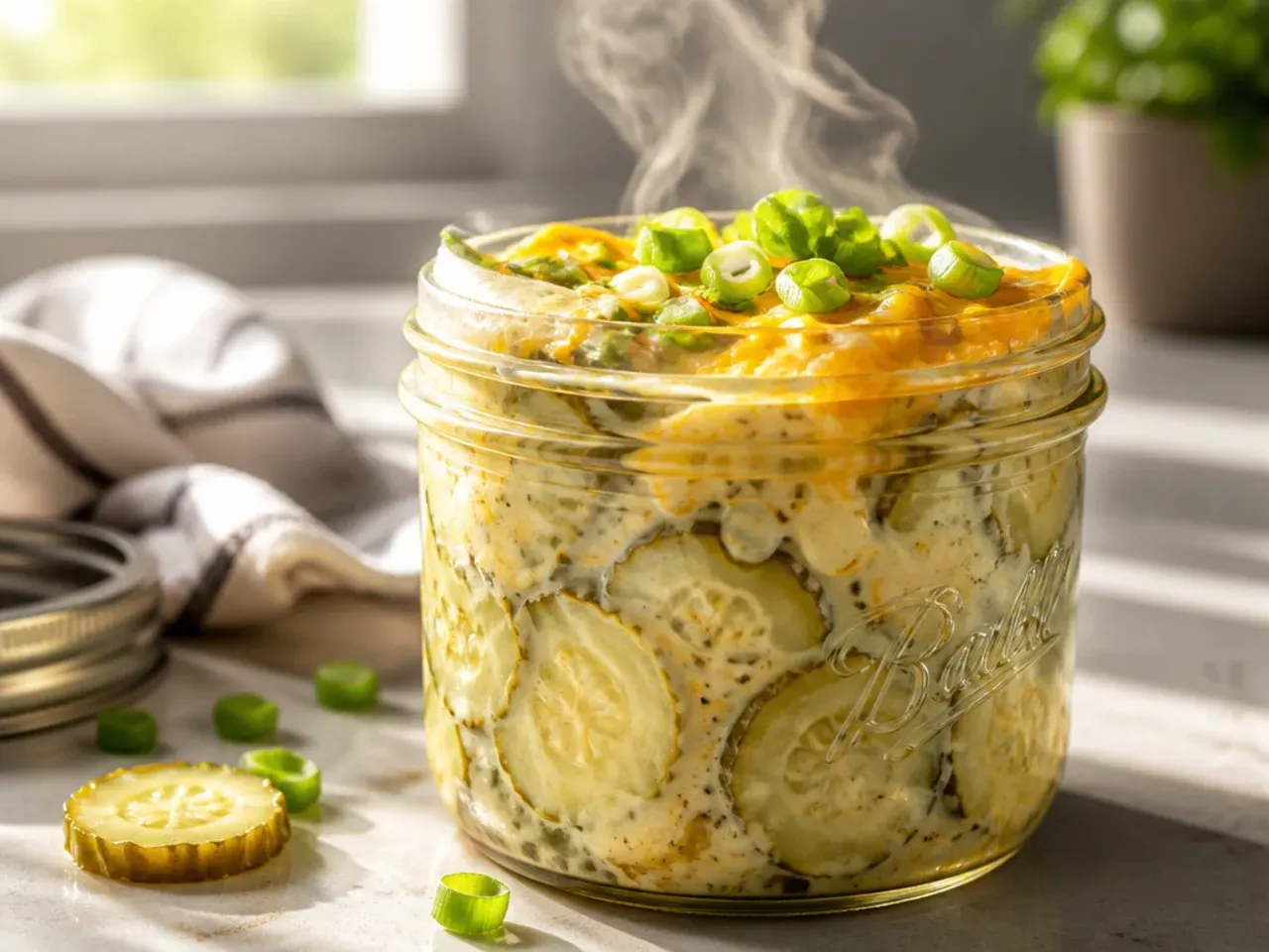 Bowl of ranch-seasoned pickle slices with visible herb flecks in the brine