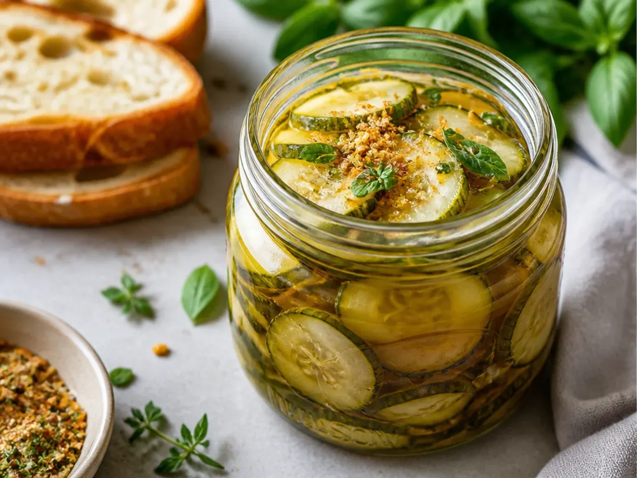 Minimalist jar of pale, spice-free bread and butter pickle slices