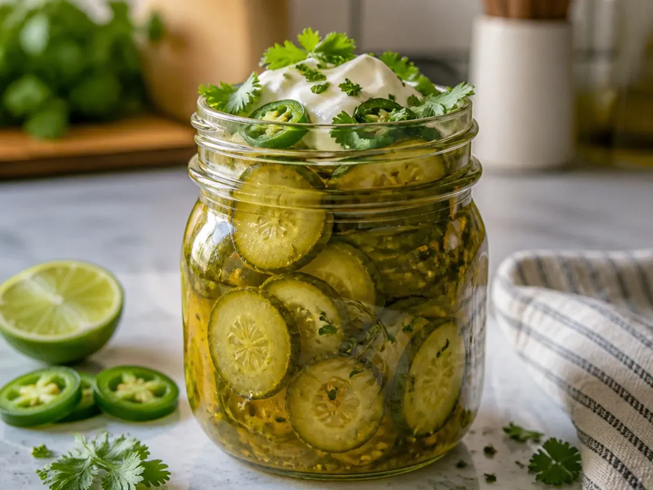 Jar of bread and butter pickles studded with jalapeño rings and lime zest